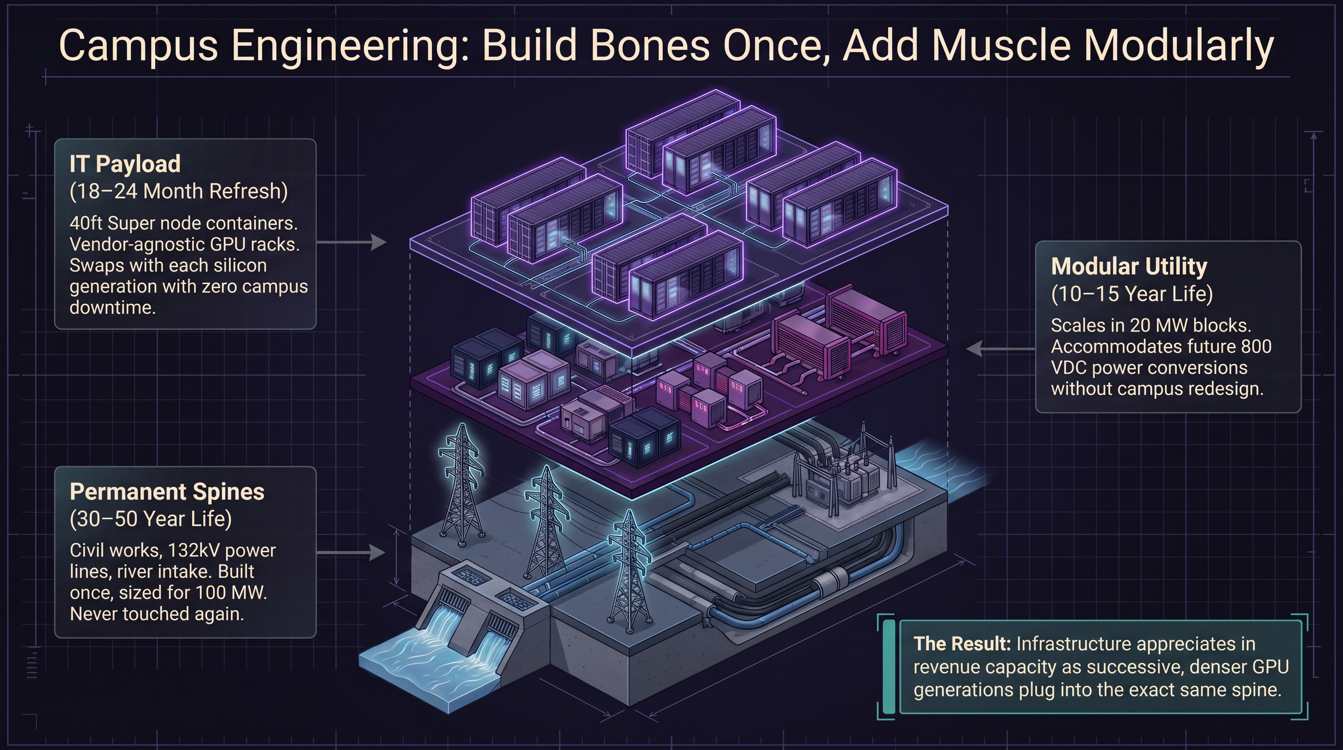 Campus engineering — build bones once, add muscle modularly. IT payload, modular utility, and permanent spine layers