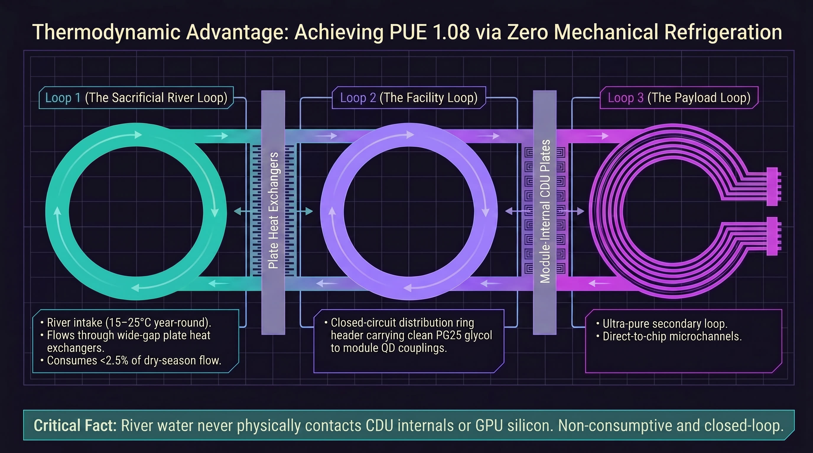 Thermodynamic Advantage — achieving PUE 1.08 via zero mechanical refrigeration. Three-loop cooling: sacrificial river loop, facility distribution loop, and payload CDU loop