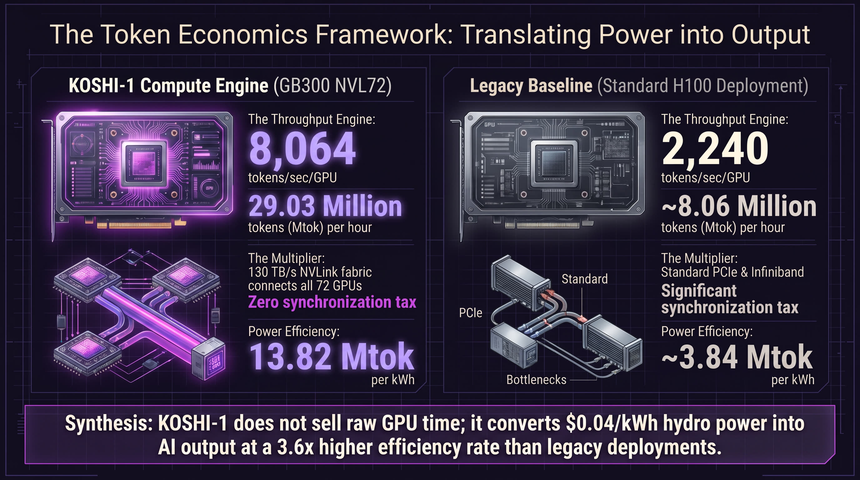 Token Economics Framework — KOSHI-1 GB300 NVL72 compute engine achieving 8,064 tokens/sec/GPU and 13.82 Mtok/kWh vs legacy H100 at 2,240 tokens/sec/GPU and 3.84 Mtok/kWh